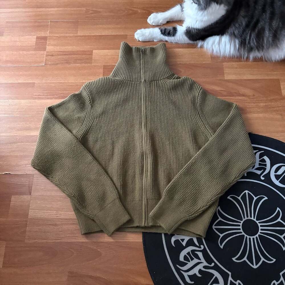 Uniqlo Full Zip Sweater Olive Green Turtleneck Ribbed Knit S